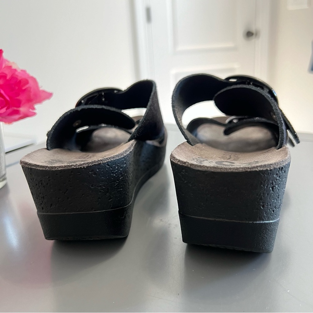 Fantasy Sandals Leather Two Buckle Black and Silver Wedge Sandals - Picture 6 of 9